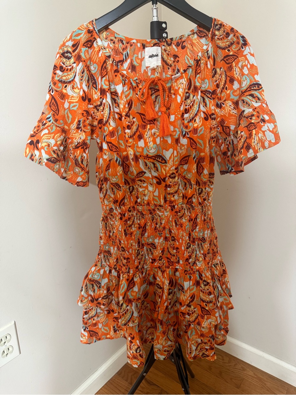 Aerie Orange Paisley Smocked-Waist Peasant Beach mini dress size XS
